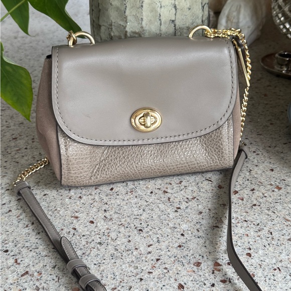 Elegant Gray Leather and Suede Crossbody and gold Bag COACH